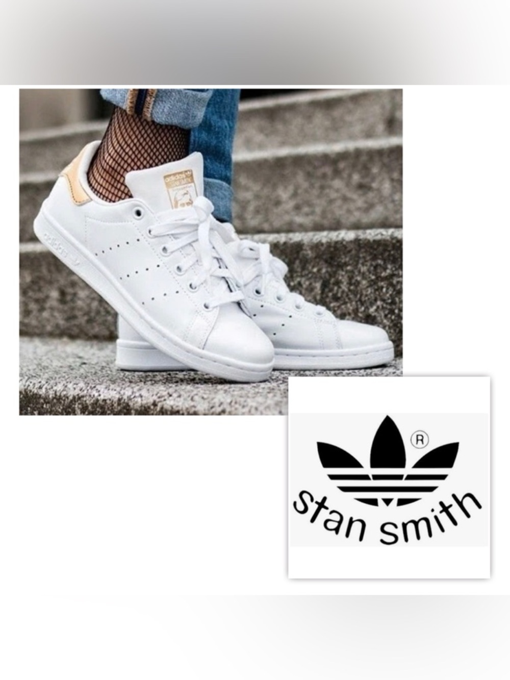 NWT ADIDAS STAN SMITH Women's 10.5 White Leather Sneakers metallic Gold Heel Tab